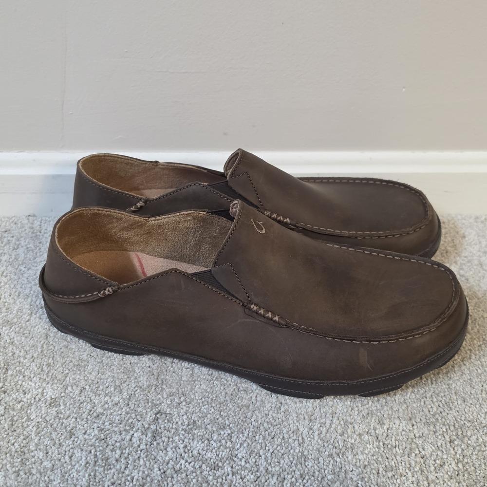Olukai Moloa Men's Leather Slip On Shoes Dark Wood Dark Java Sz 16 NWOB Comfort